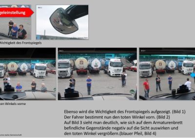 Bildliche Darstellung von Spiegeleinstellungen des Frontspiegels eines LKWs von Klaeser, Mitarbeiter stehen auf einem Parkplatz vor dem LKW unter anderem ist der totewinkel eingezeichnet uvm. worauf man achten muss