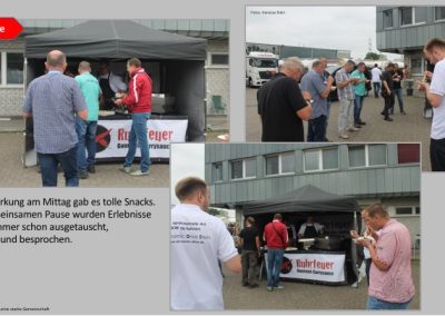 Folie auf dem drei Bilder sind auf denen man sieht das bei Klaeser Schulung zum Mittag ein Pavillion vom Ruhrfeuer aufgebaut wurde, an dem die Menschen sich essen holen