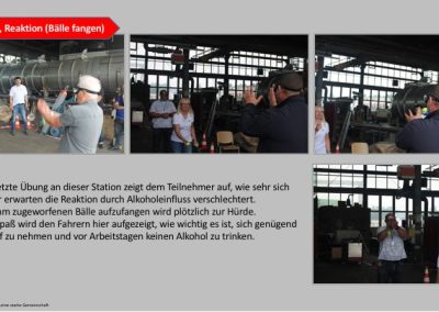 Teilnehmer sollen Bälle fangen, die ihnen zugeworfen werden. bei der Übung tragen sie einer VR-Brille die den Alkoholeinfluss darstellen soll
