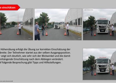 zwei Männer stehen mit riesigen Maßstäben neben einem LKW und zeigen wie sie die Höhe einschätzen würden und sehen dann anhand des LKWs ob ihre Schätzung richtig war.