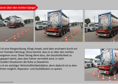 Folie mit vier Bildern auf dem ein LKW in eine aus Warnhütchen gestellte Parklücke einparken soll. LInks im Hintergrund sind mehrere weiße LKWs geparkt und rechts die Reihe Verkehrshütchen und ein paar leute die zuschauen