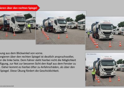 Folie mit vier Bildern auf dem ein LKW in eine aus Warnhütchen gestellte Parklücke einparken soll. rechts im Hintergrund sind mehrere weiße LKWs geparkt und links die Reihe Verkehrshütchen und ein paar leute die zuschauen