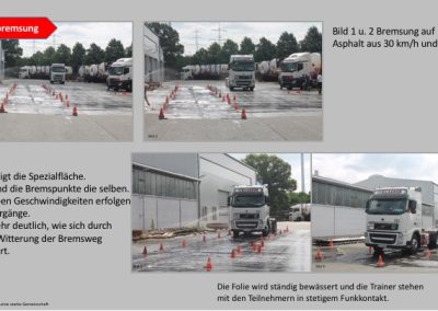 Teilnehmer stehen vor einem LKW und üben Vollbremsungen auf einem Nassen dafür ausgerichteten Straßen Stück, die Straße wird mit einem Wasserschlauch Nass gemacht