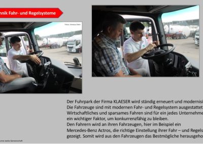 In der Farherkabine eines LKWs sitzt ein Teilnehmer und lässt sich die neuesten Fahr- und Regelsysteme zeigen und erklären von einem Mitarbeiter